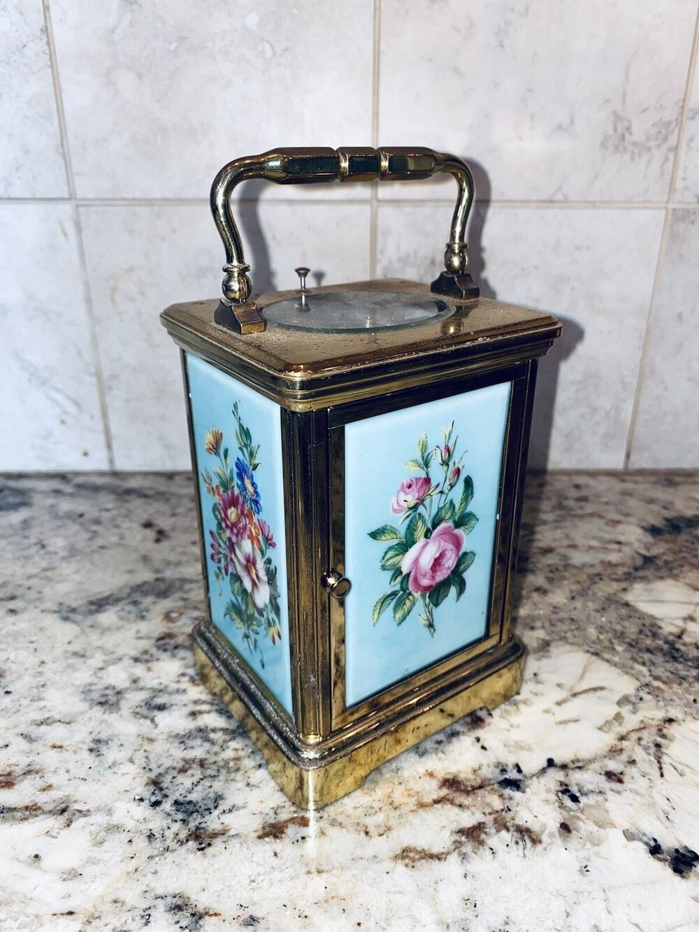 Tiffany & Co. Brass Carriage Battery Operated Swiss Made Desk Clock Porcelain